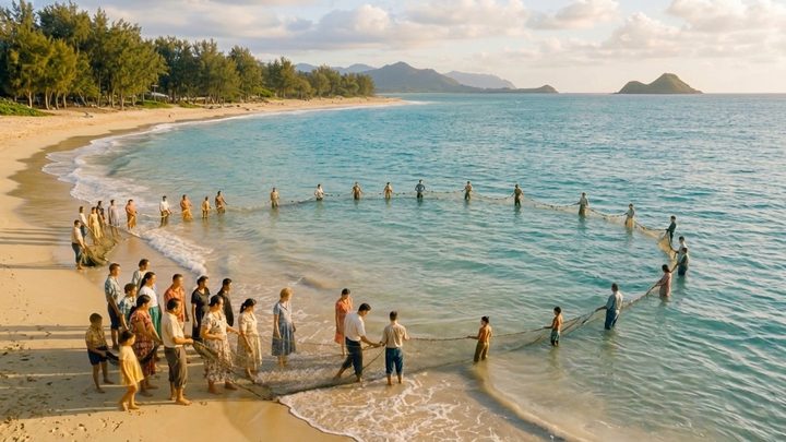 Reconstructed still. The hukilau on Kailua Beach in 1960.