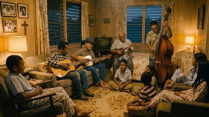 Reconstructed still. Jam session at the Kailua home, 1960.