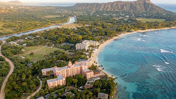Reconstructed still. Waikīkī before the war, from the air.